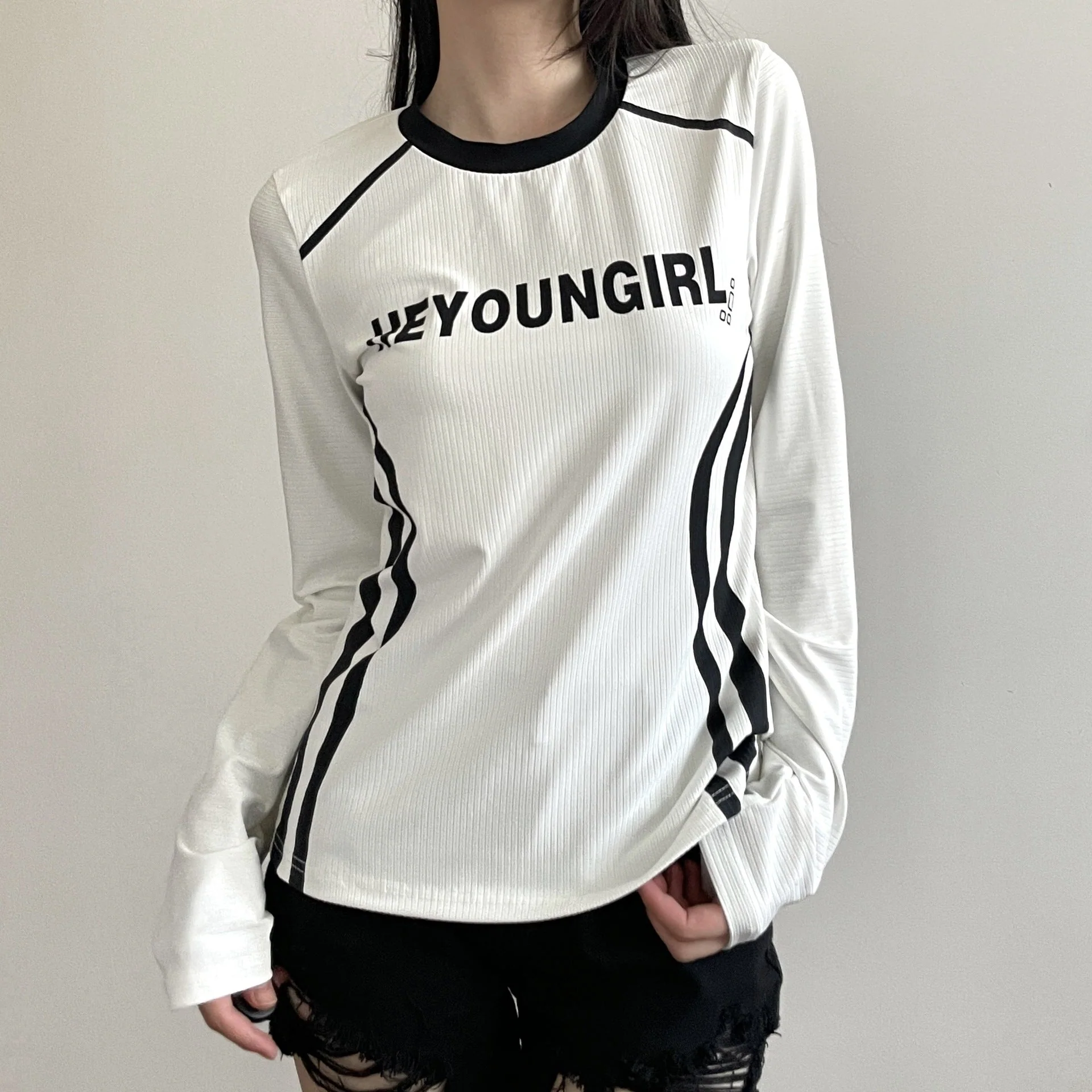 Letter Print Patchwork Long Sleeve Tee - Image 3