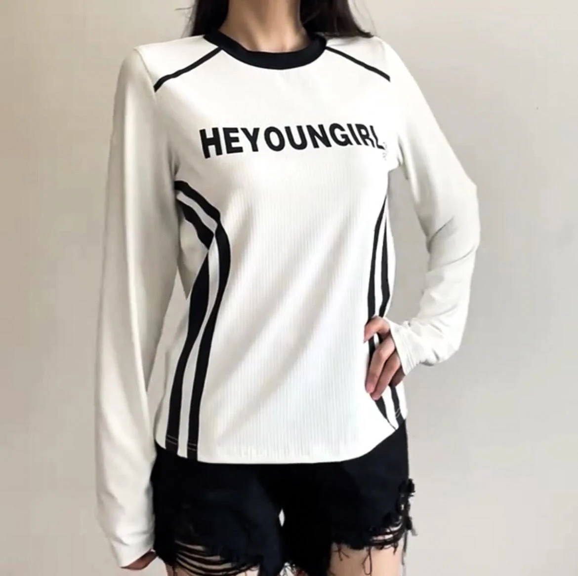 Letter Print Patchwork Long Sleeve Tee - Image 4