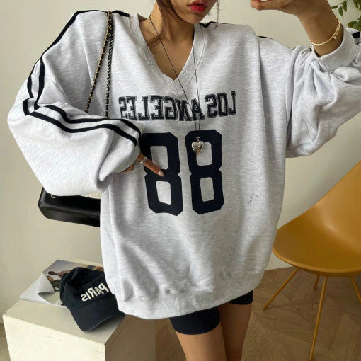 Letter Print Piping V-Neck Oversized Sweatshirt - Image 3