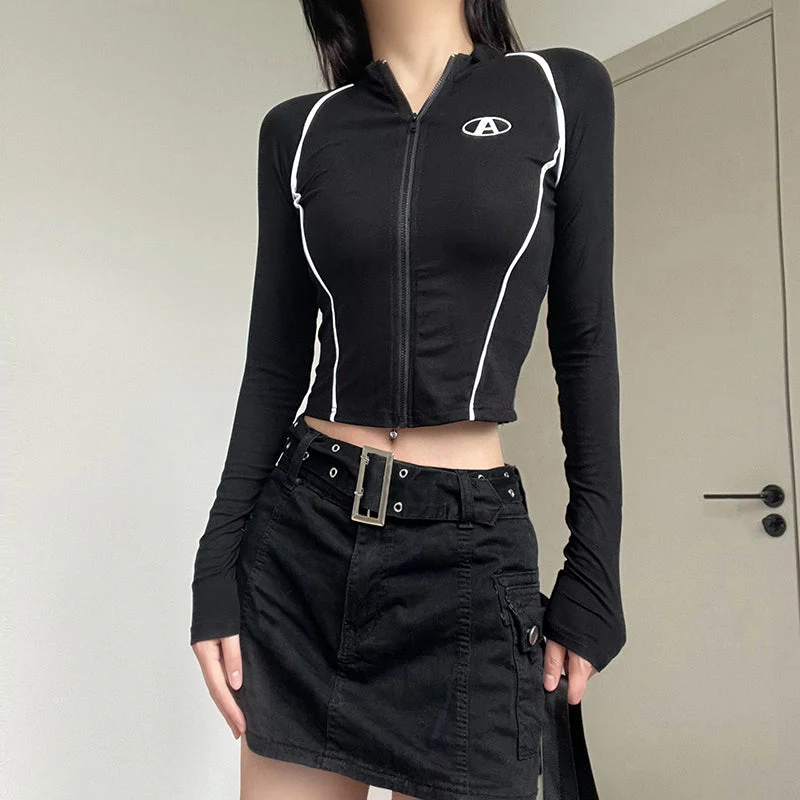Line Patchwork Zip Up Slim Long Sleeve Tee - Image 2