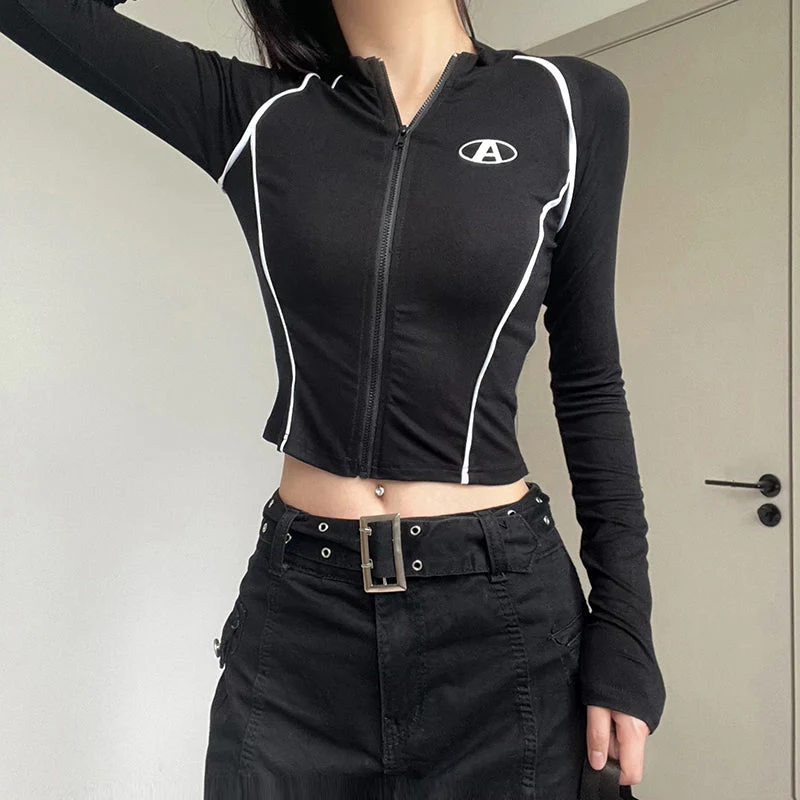 Line Patchwork Zip Up Slim Long Sleeve Tee - Image 5
