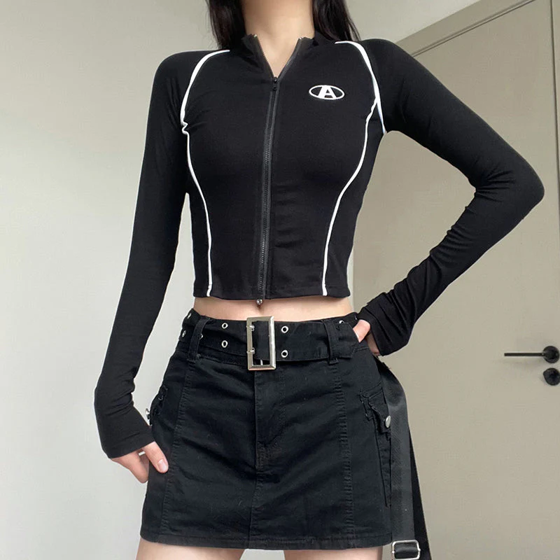 Line Patchwork Zip Up Slim Long Sleeve Tee - Image 6