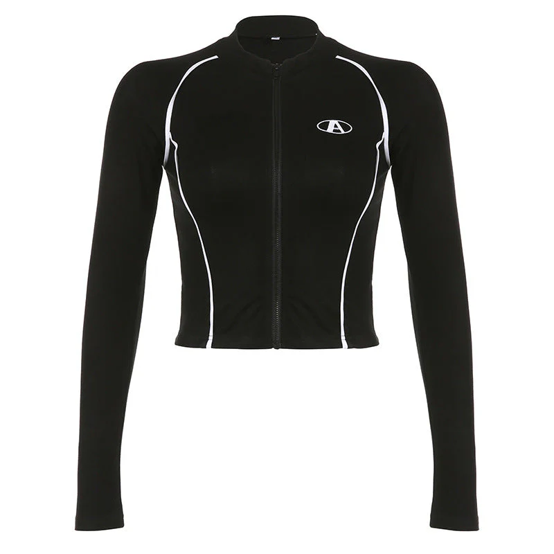 Line Patchwork Zip Up Slim Long Sleeve Tee - Image 7