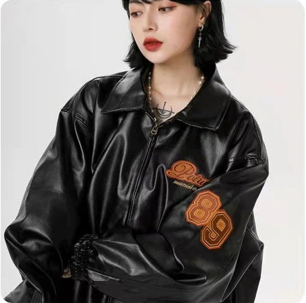 Logo Embroidered Pu Leather Varsity Jacket - Image 8