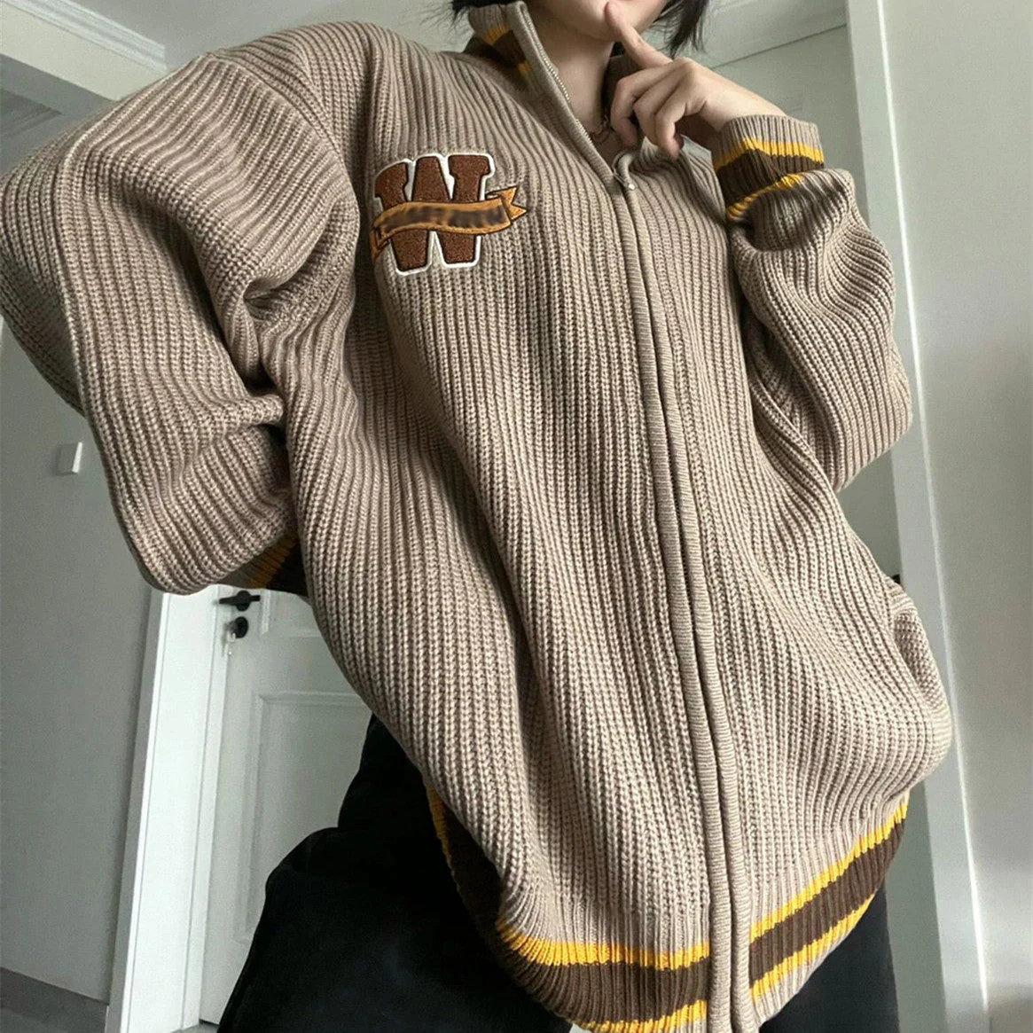 Logo Embroidery Zip Up Knit Cardigan