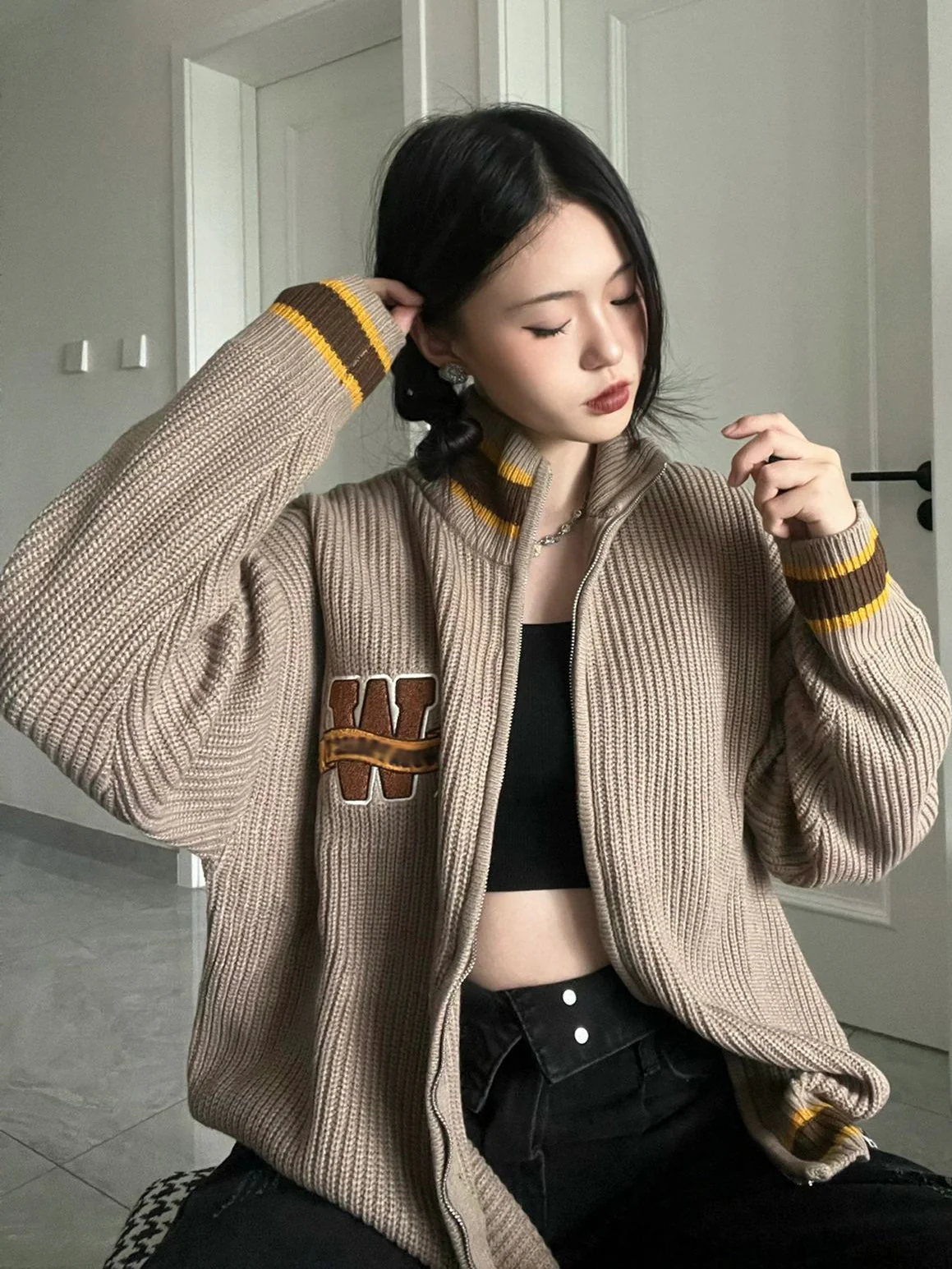 Logo Embroidery Zip Up Knit Cardigan - Image 4