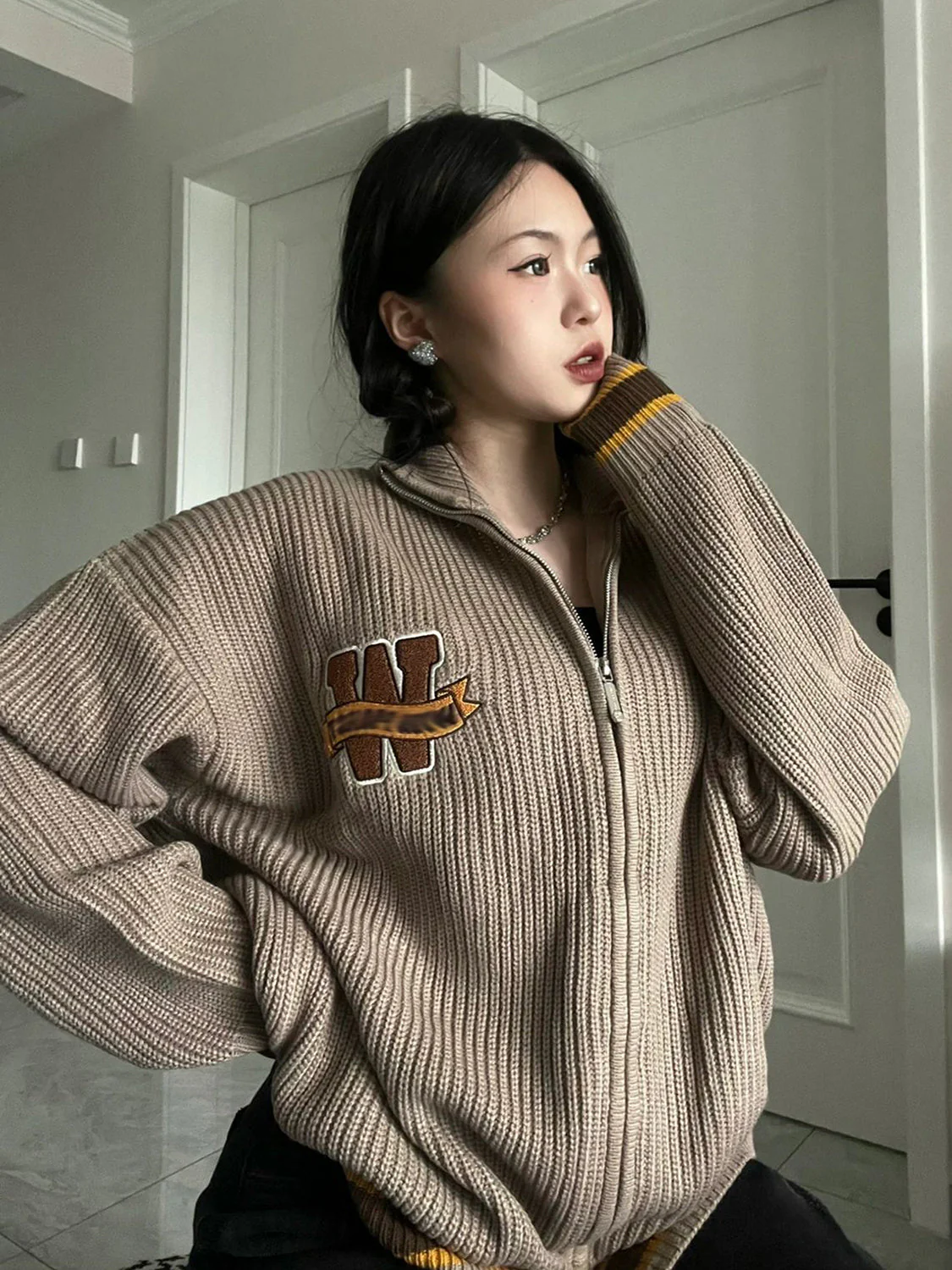 Logo Embroidery Zip Up Knit Cardigan - Image 7