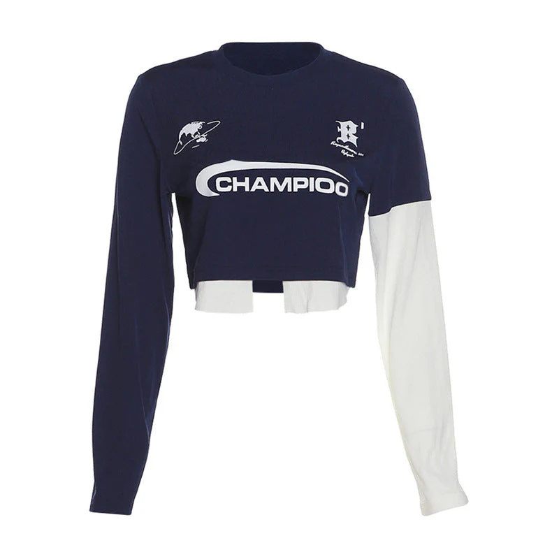 Logo Graphic Patchwork Long Sleeve Crop Top - Image 6