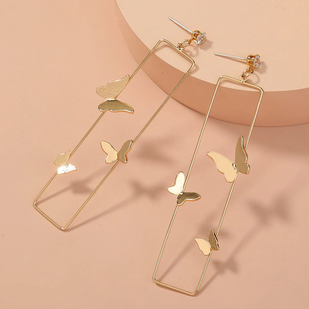 Long Geometric Metal Pop-up Butterfly Earrings - Image 4