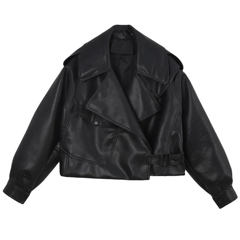 Long-sleeved Lapel Loose-fit Leather Jacket - Image 4