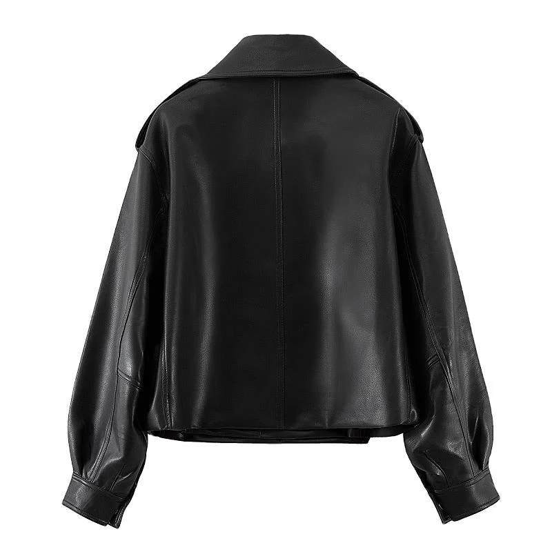 Long-sleeved Lapel Loose-fit Leather Jacket - Image 5