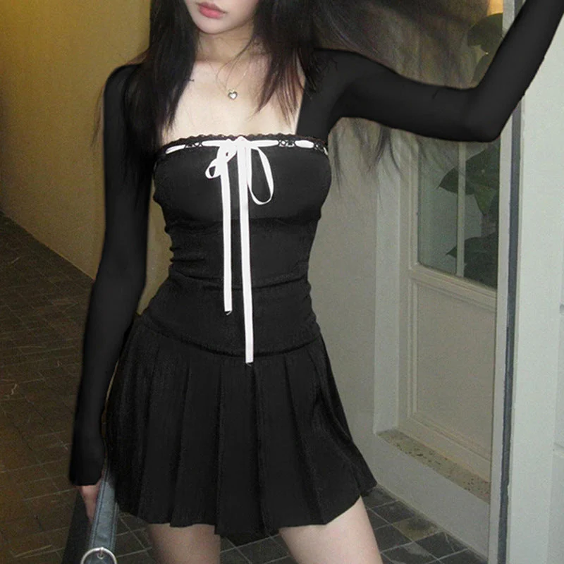 Mesh Splice Bow Decor Trumpet Sleeve Mini Dress - Image 4