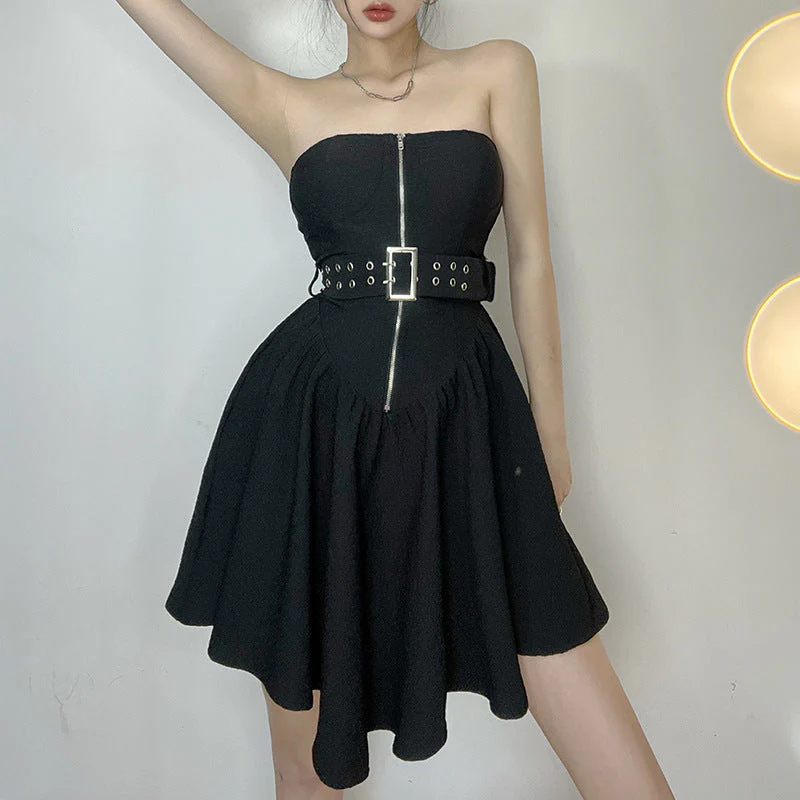 Metal Buckle Belt Draped Hem Irregular A Swing Dress - Image 2
