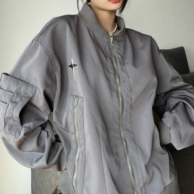 Metal Star Oversized Zip Up Bomber Jacket - Image 2