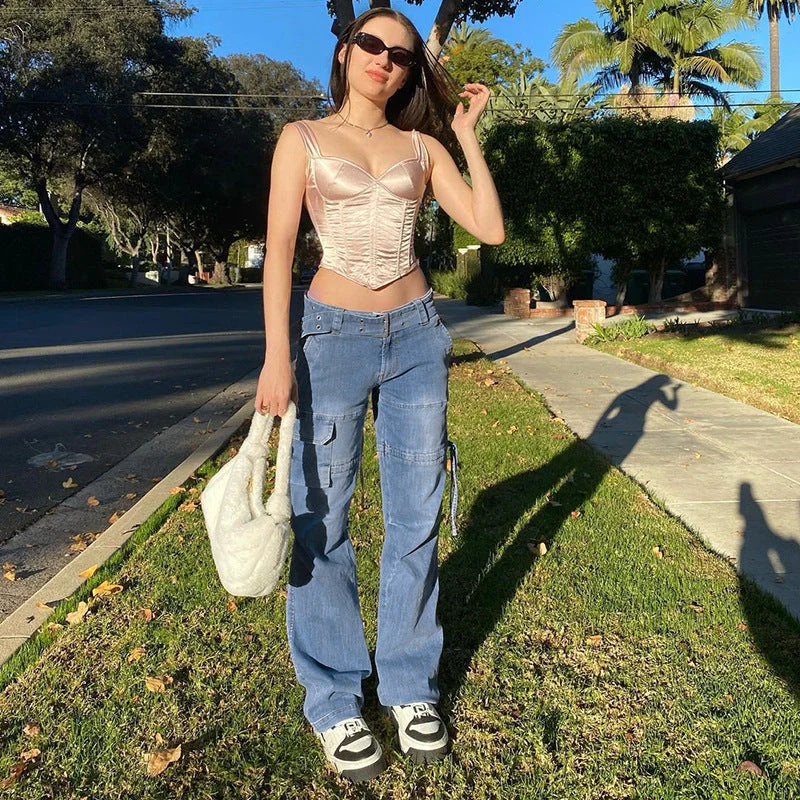 Mid Waist Belted Cargo Jeans - Image 2