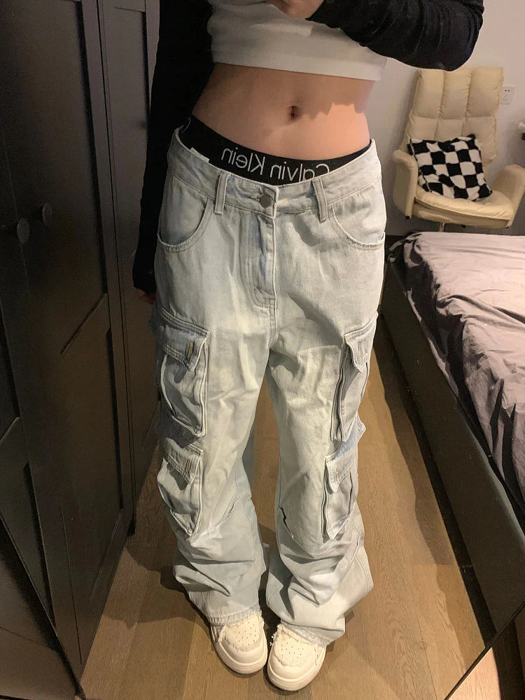 Multiple Pocket Washed Cargo Boyfriend Jeans - Image 2