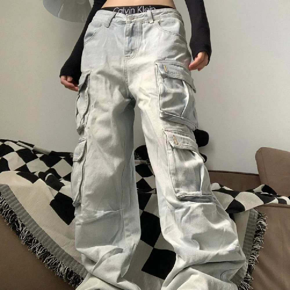 Multiple Pocket Washed Cargo Boyfriend Jeans - Image 3