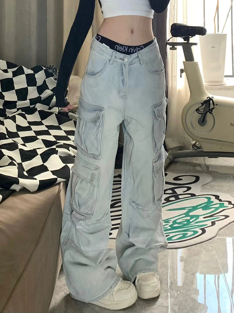 Multiple Pocket Washed Cargo Boyfriend Jeans - Image 7