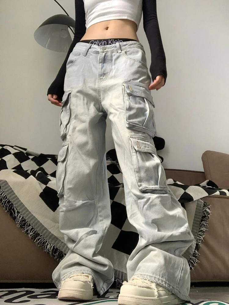 Multiple Pocket Washed Cargo Boyfriend Jeans - Image 8