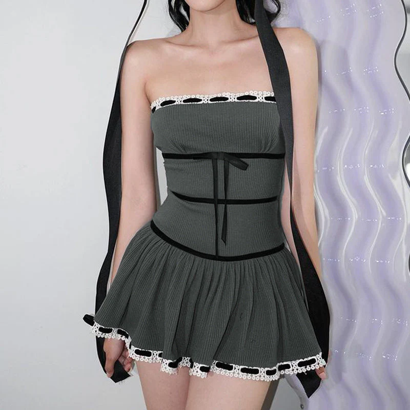 Off Shoulder Ribbon Trim Lace Up Slim Mini Dress - Image 3