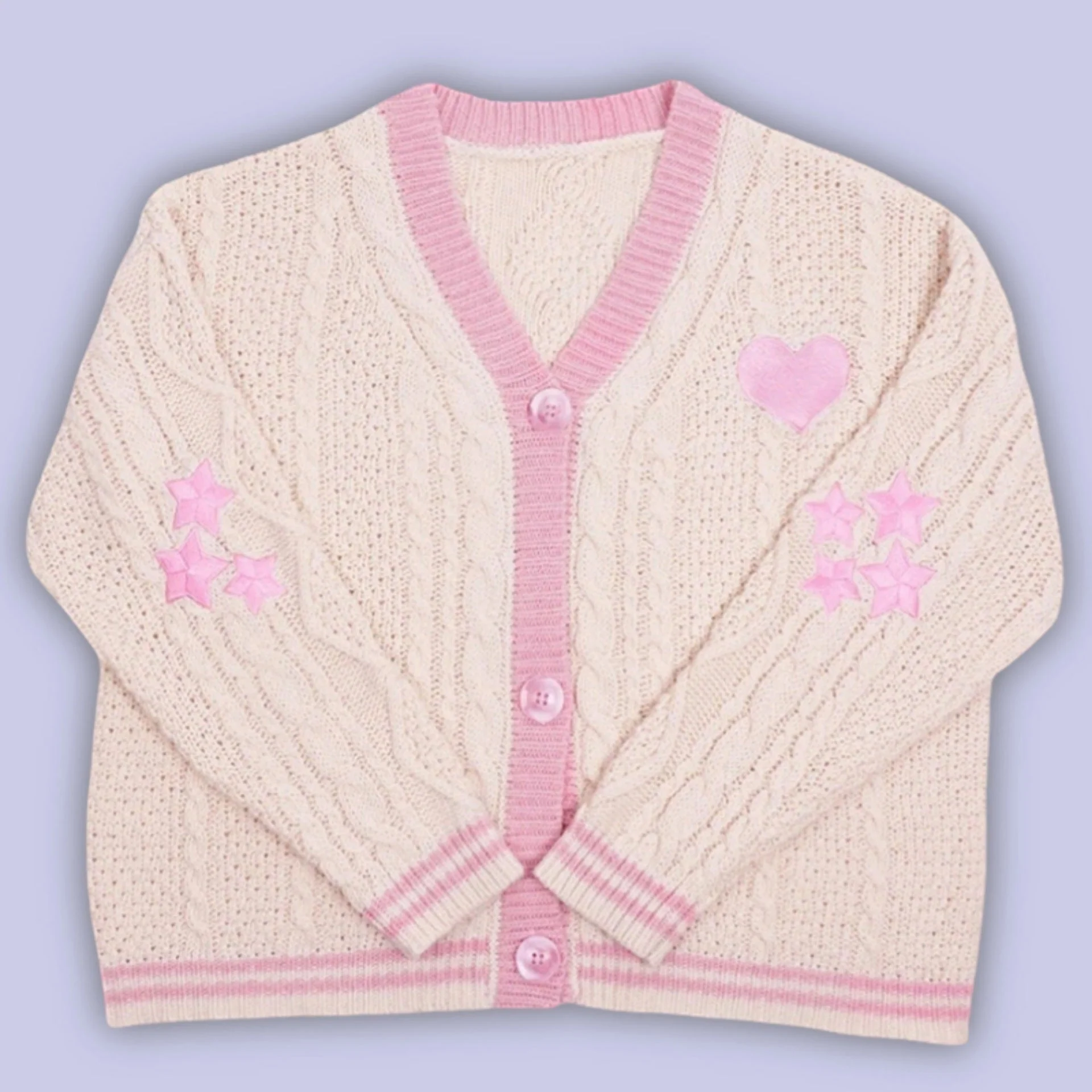 Oversize Heart Embroidered Cable Knit Cardigan - Image 3