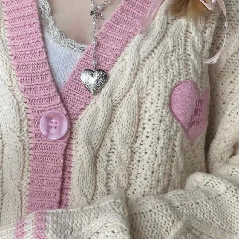 Oversize Heart Embroidered Cable Knit Cardigan - Image 4