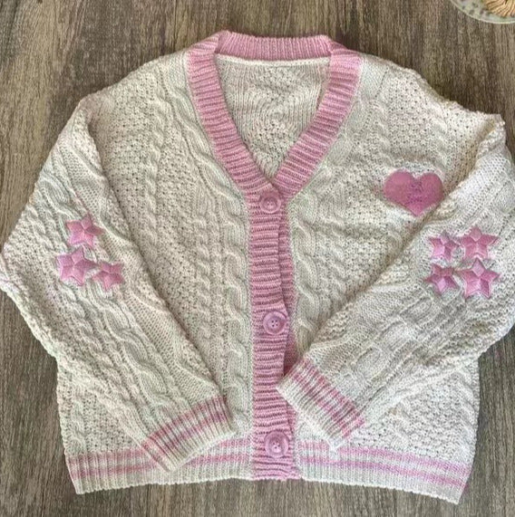 Oversize Heart Embroidered Cable Knit Cardigan - Image 5