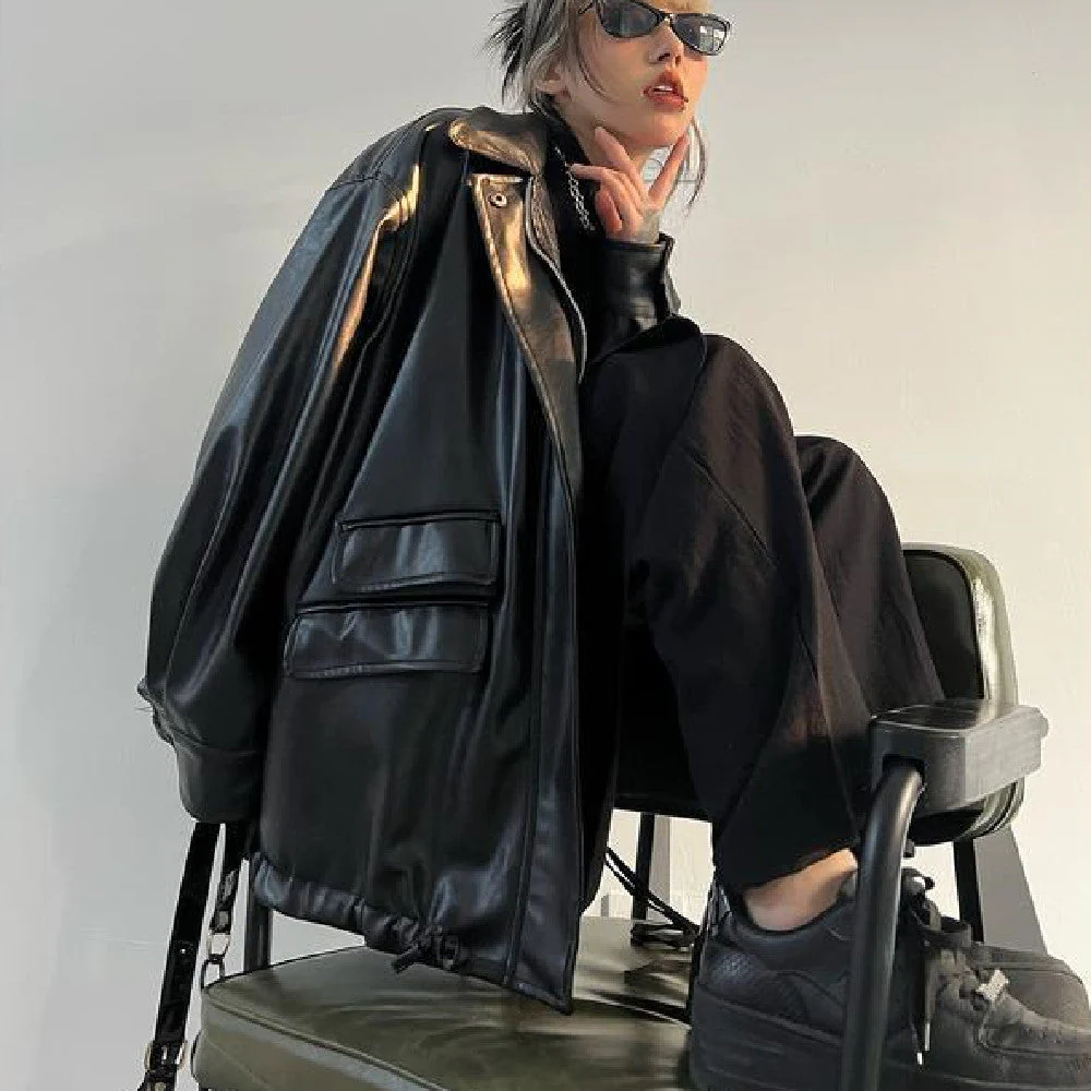 Oversized Black Faux Leather Jacket - Image 4
