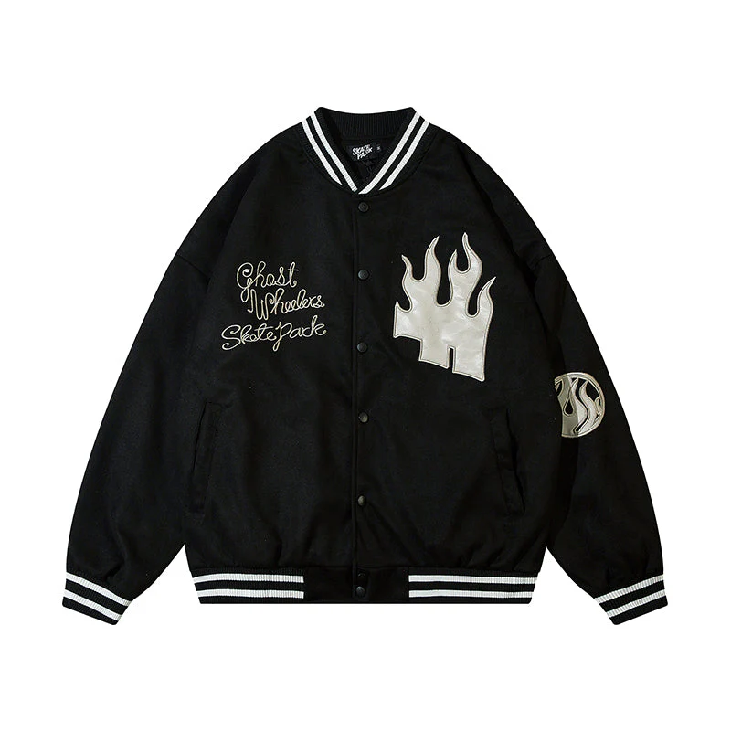 Oversized Pu Leather Flame Varsity Jacket - Image 9