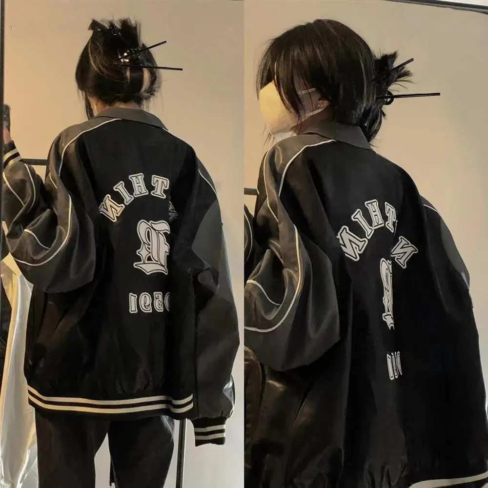 Oversized Star Logo Pu Leather Varsity Jacket - Image 2