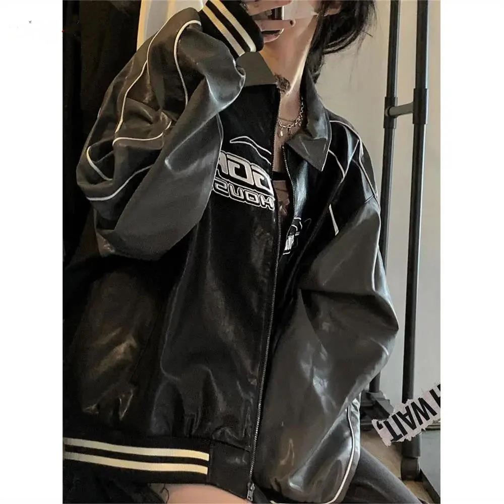 Oversized Star Logo Pu Leather Varsity Jacket - Image 3