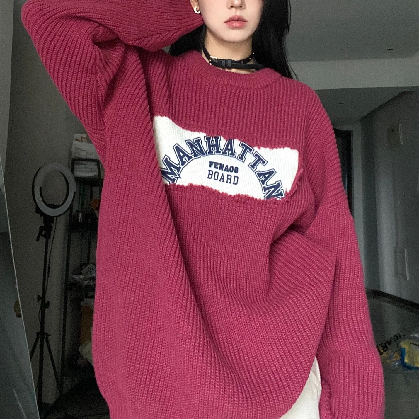 Patched Logo Embroidery Pullover Sweater - Image 2