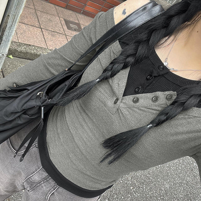 Patchwork Buttoned Long Sleeve Knit Top - Image 5