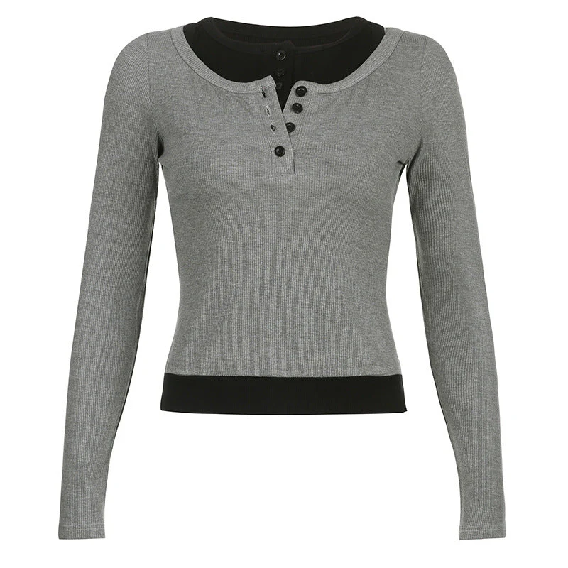 Patchwork Buttoned Long Sleeve Knit Top - Image 7