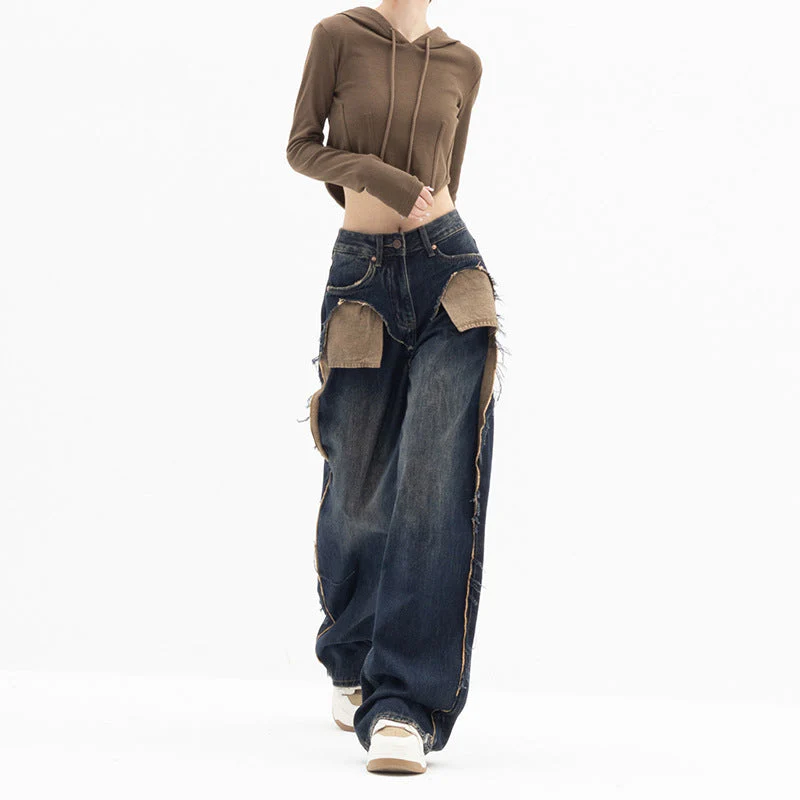 Patchwork Distressed Cargo Jeans - Image 4