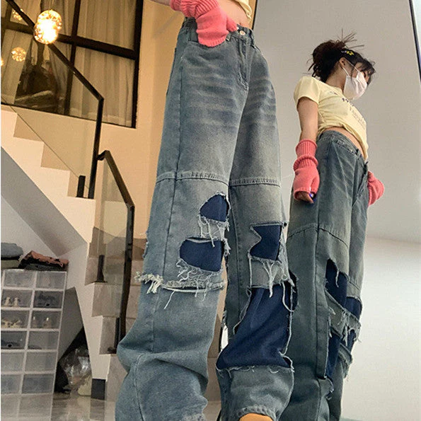 Patchwork Distressed Straight Leg Jeans - Image 3