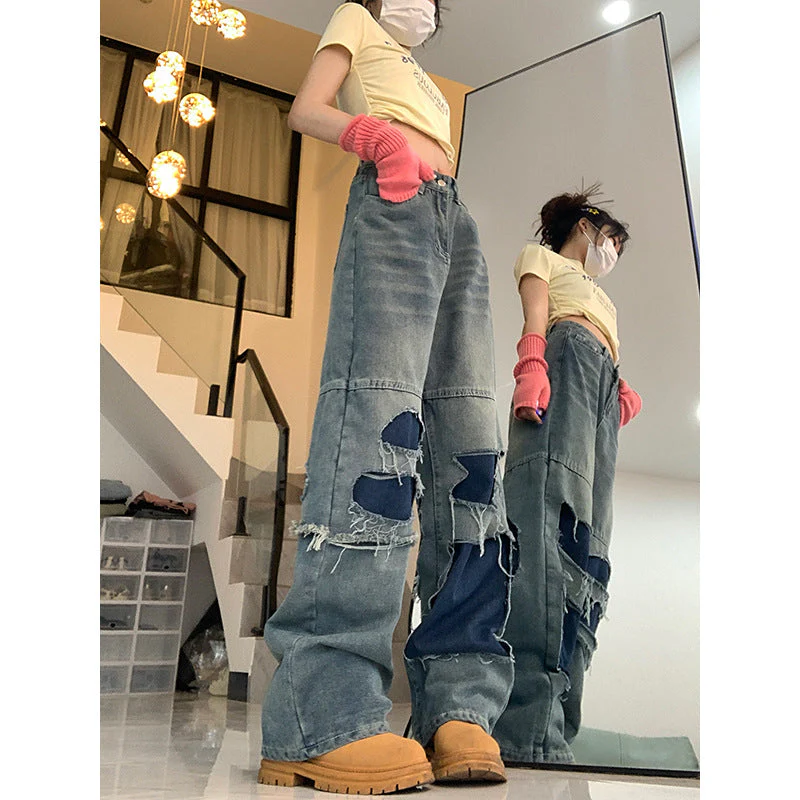 Patchwork Distressed Straight Leg Jeans - Image 4