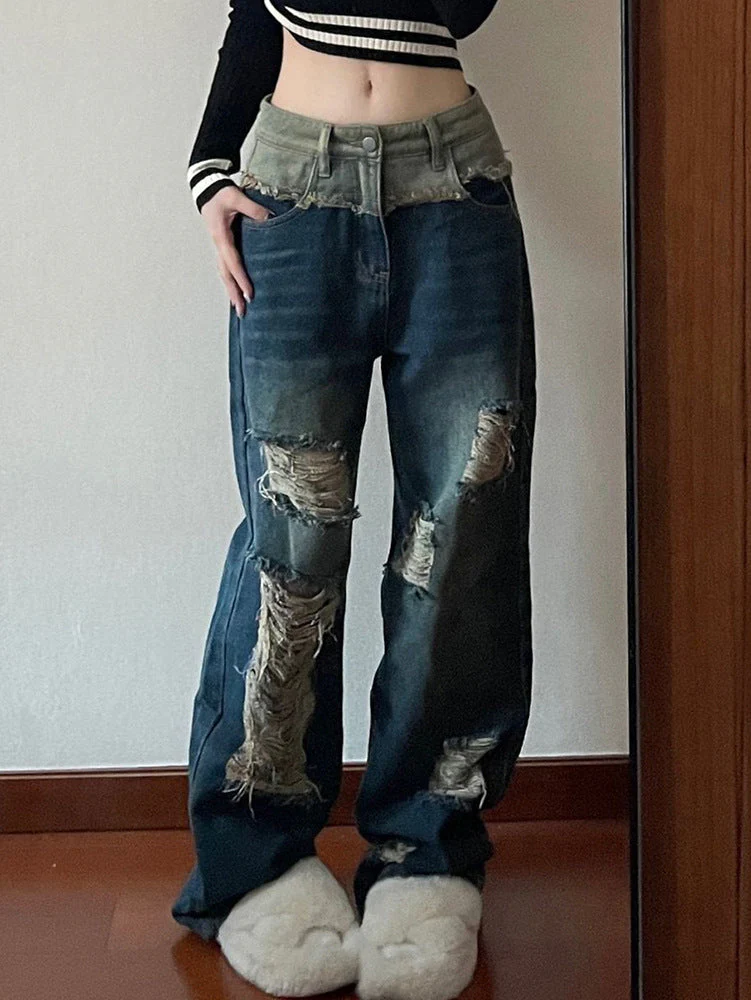 Patchwork Distressed Straight Leg Ripped Jeans - Image 6