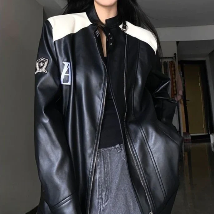 Patchwork Pu Leather Zip Up Jacket - Image 13