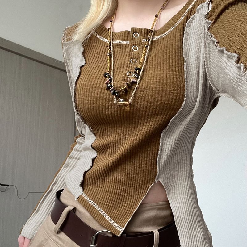 Patchwork Rib Long Sleeve Crop Top