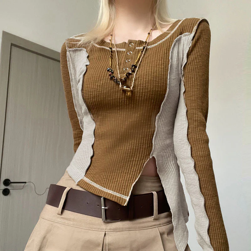 Patchwork Rib Long Sleeve Crop Top - Image 2