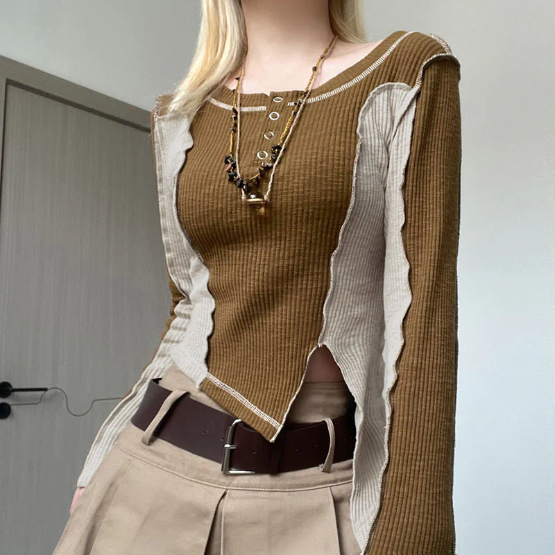 Patchwork Rib Long Sleeve Crop Top - Image 4