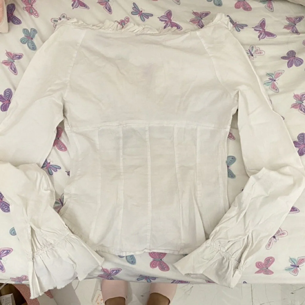 Patchwork Ruffle Long Sleeve Crop Blouse - Image 3