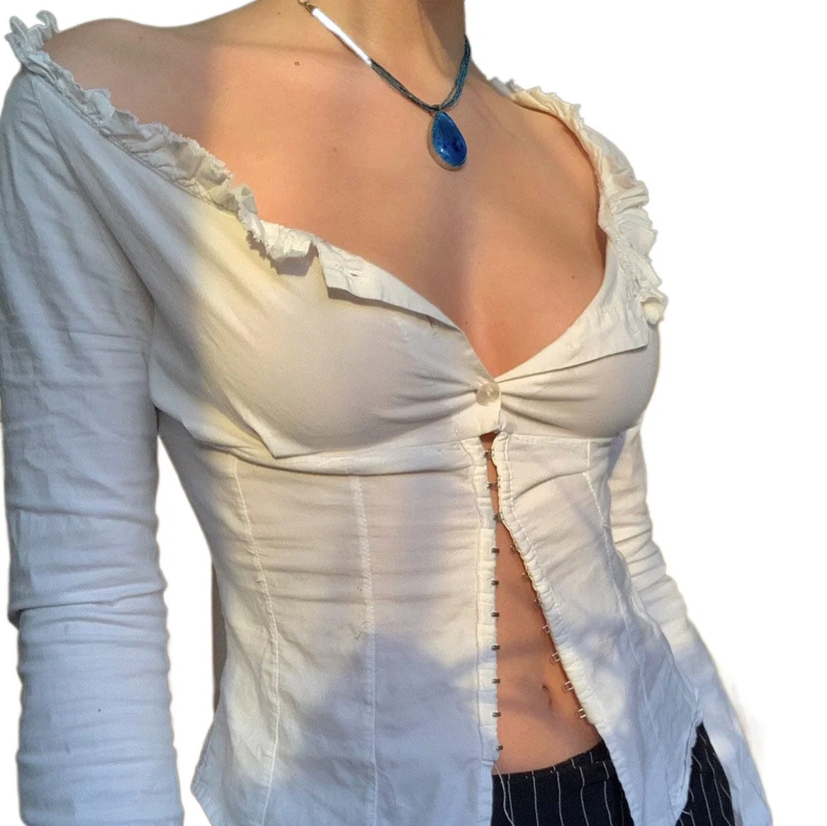 Patchwork Ruffle Long Sleeve Crop Blouse - Image 6