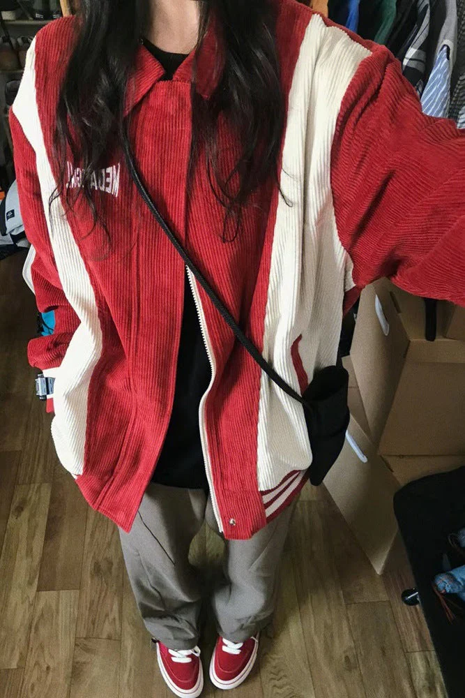 Patchwork Zip Up Corduroy Jacket - Image 4