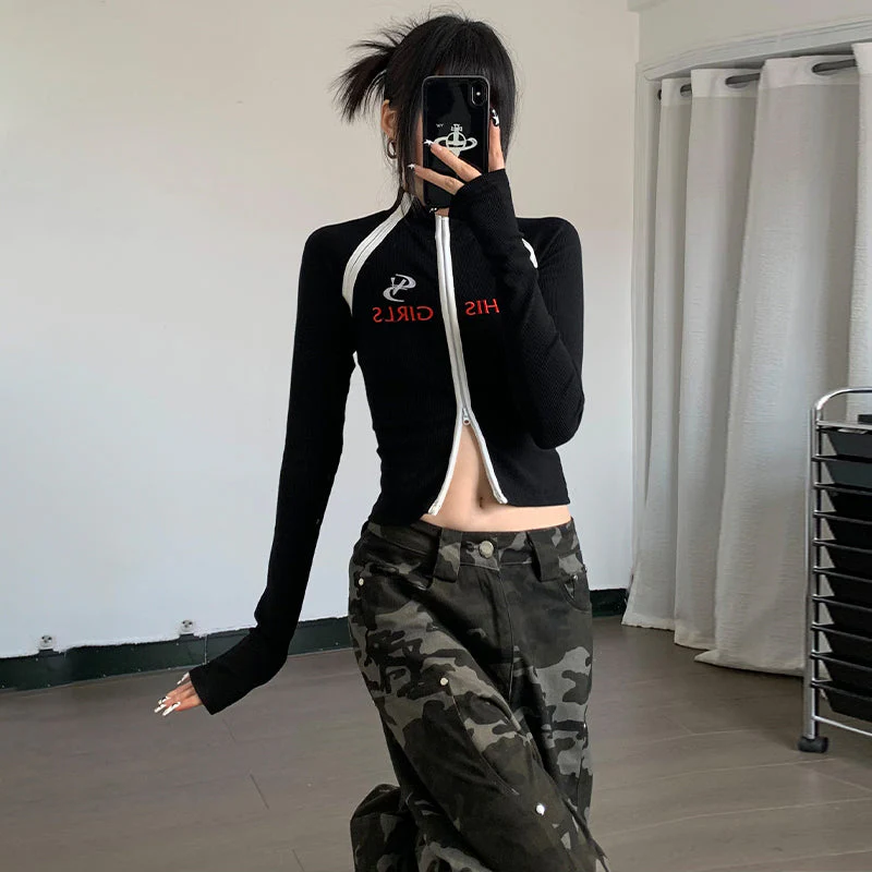 Patchwork Zip Up Long Sleeve Tee - Image 5