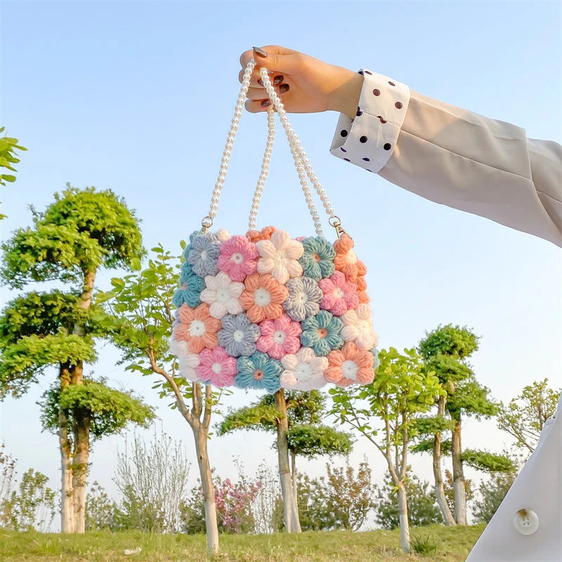 Pearl Flower Hand-Woven Crossbody Handbag
