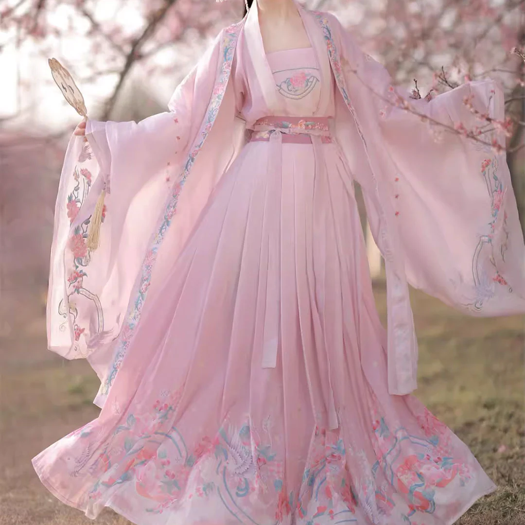Pink Embroidered Flower Hanfu Dress Set - Image 2
