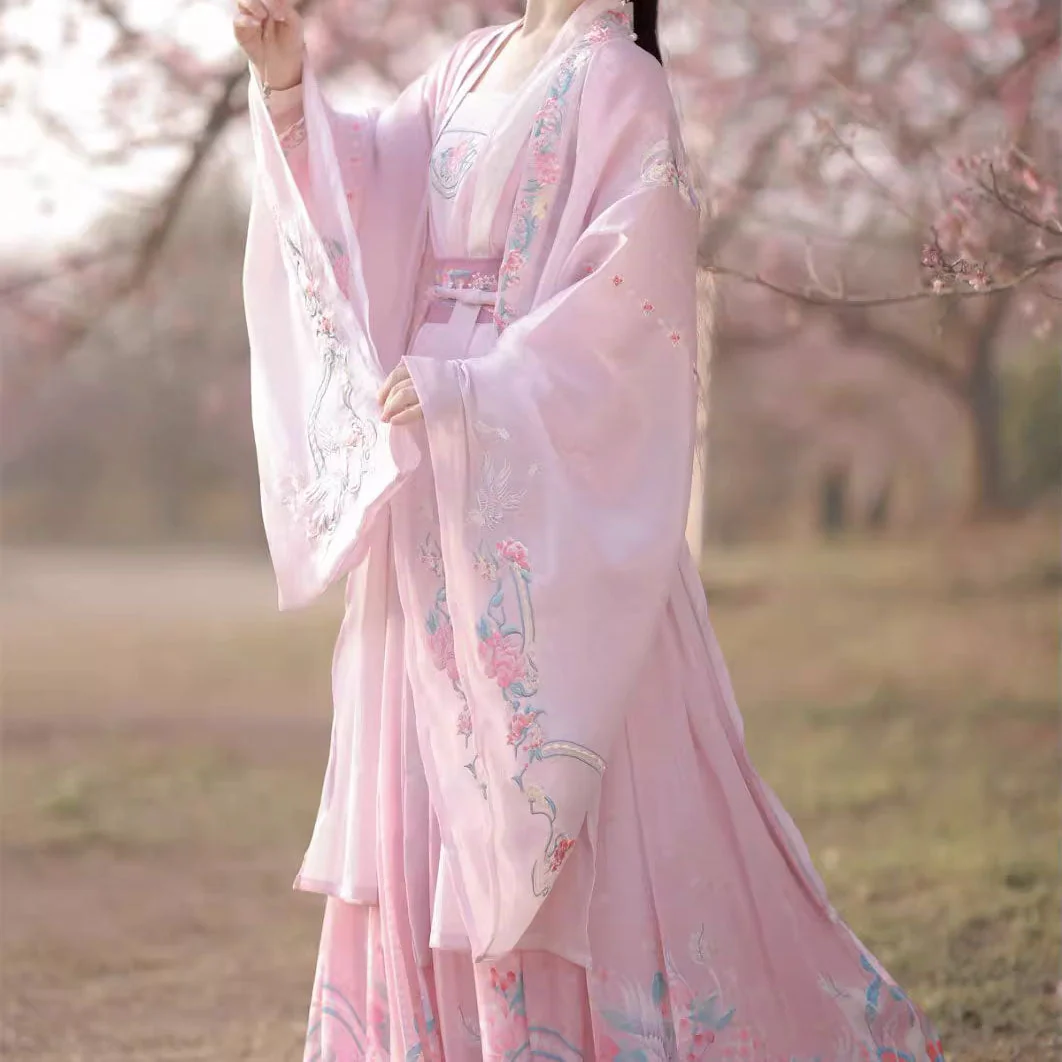 Pink Embroidered Flower Hanfu Dress Set - Image 3