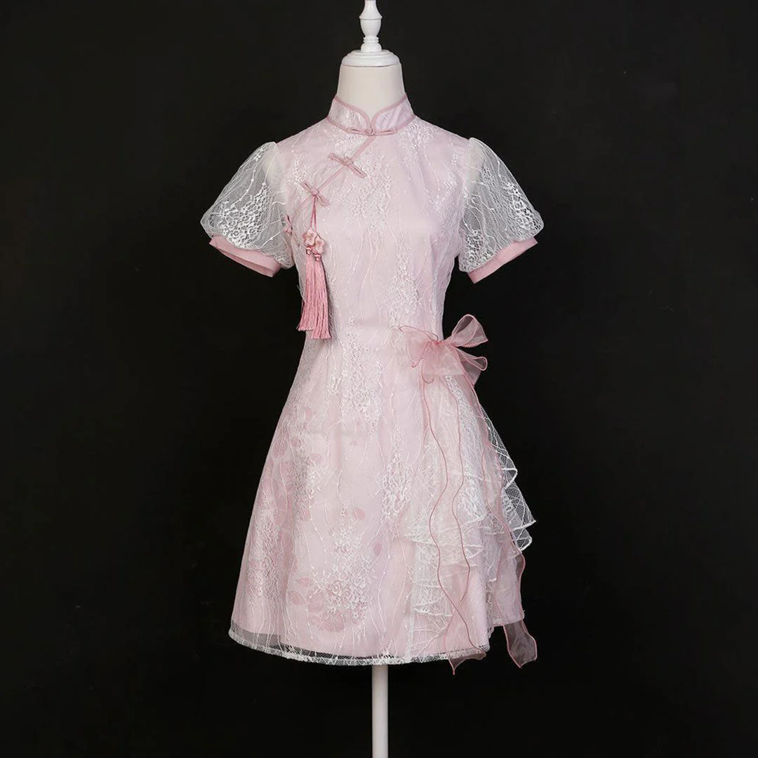 Pink Lace Flower Cheongsam Dress - Image 2